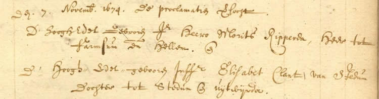 7 nov. 1674. Registratie in het Doop- en trouwboek van Stedum v.h. huwelijk tussenj Heero Maurits Ripperda van Farmsum en Elisbeth Clant van Stedum (Coll. DTB, toeg.nr. 124, inv. nr. 429, foli 53).